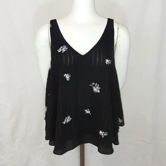 Vintage Metaphor Black Lined Striped Floral Flowy Circle Tank Top XL - Picture 1 of 6